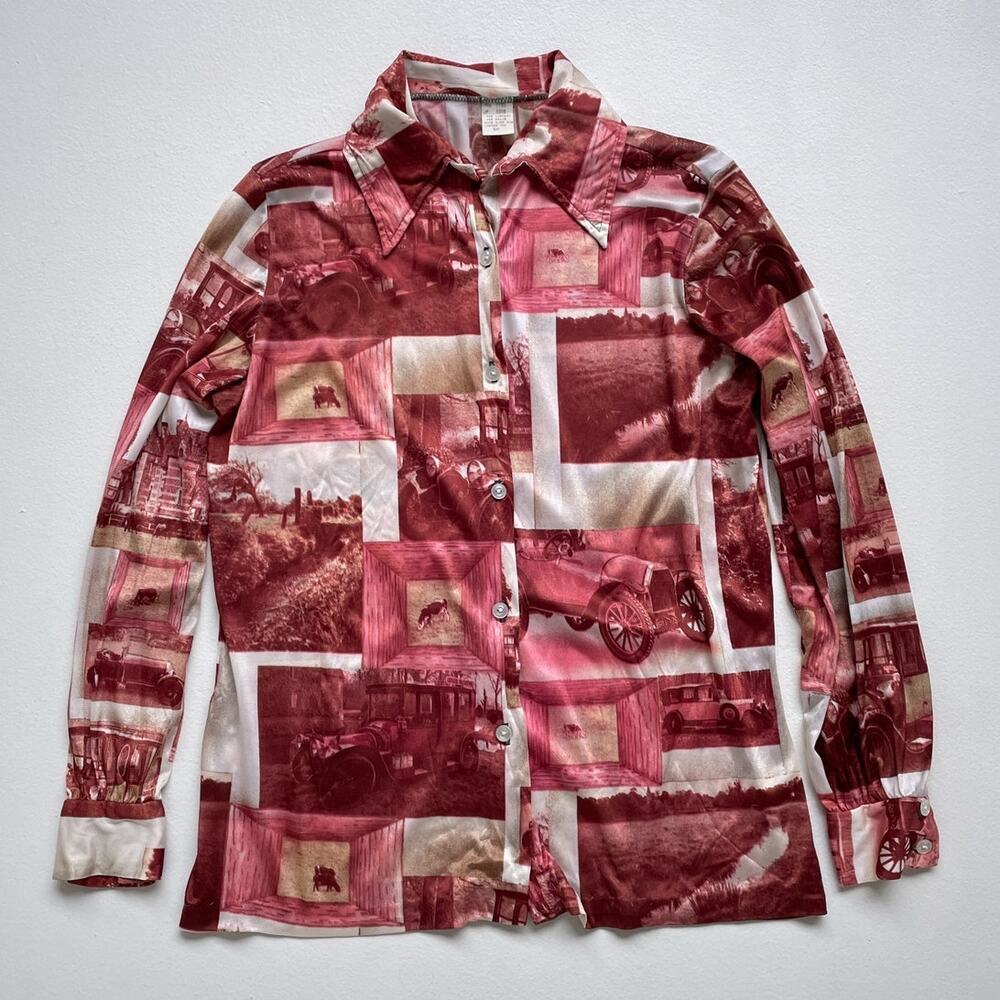 Vtg 70s Sepia 20's Farm Scene Photo Print Shirt  / Sz 38 / Nylon Dagger Disco